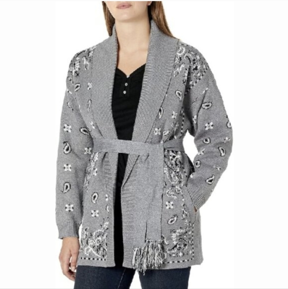 PJ Salvage Gray Open Front Belted Cardigan Sweater